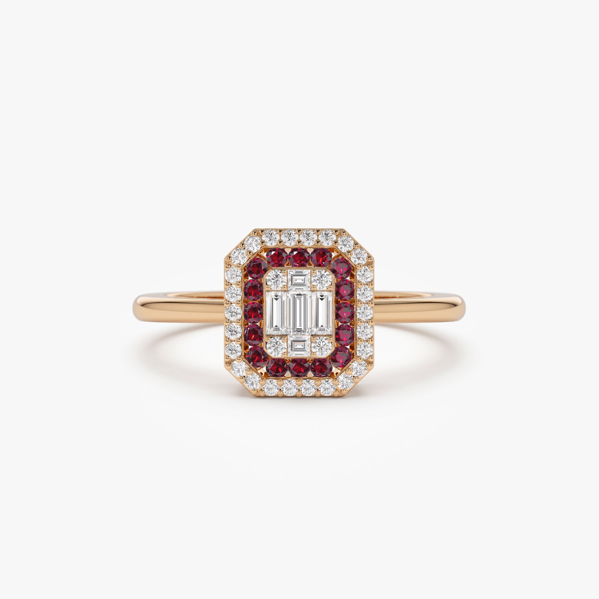 OBFJ1100 - 14k Baguette and Round Ruby Ring with Halo Setting 6