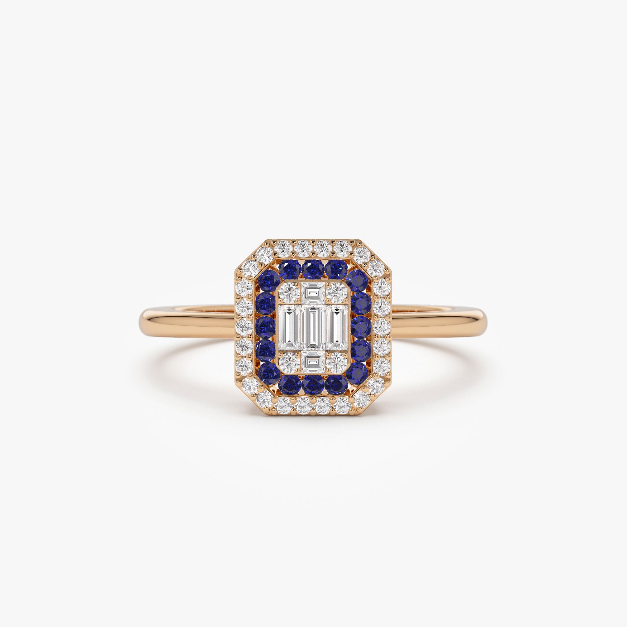 OBFJ1099 - 14k Baguette and Round Sapphire Ring with Halo Setting 6