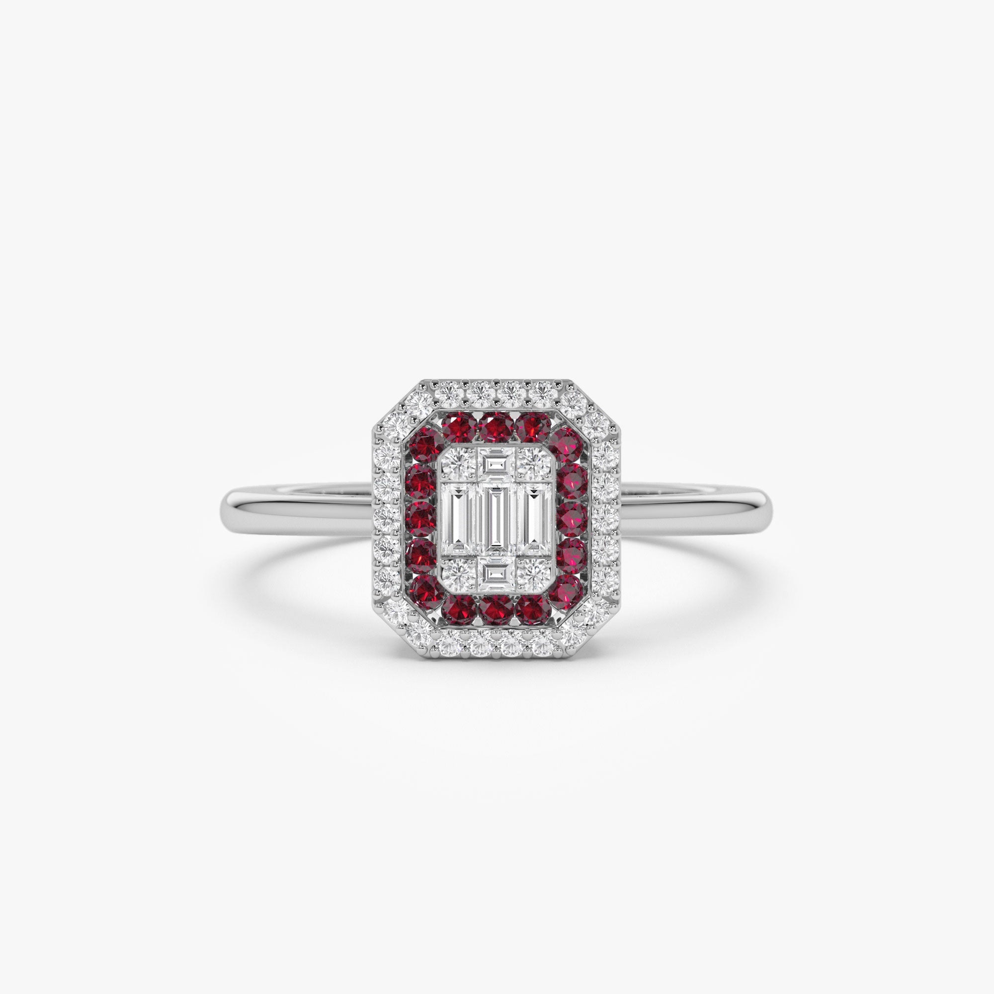 OBFJ1100 - 14k Baguette and Round Ruby Ring with Halo Setting 7