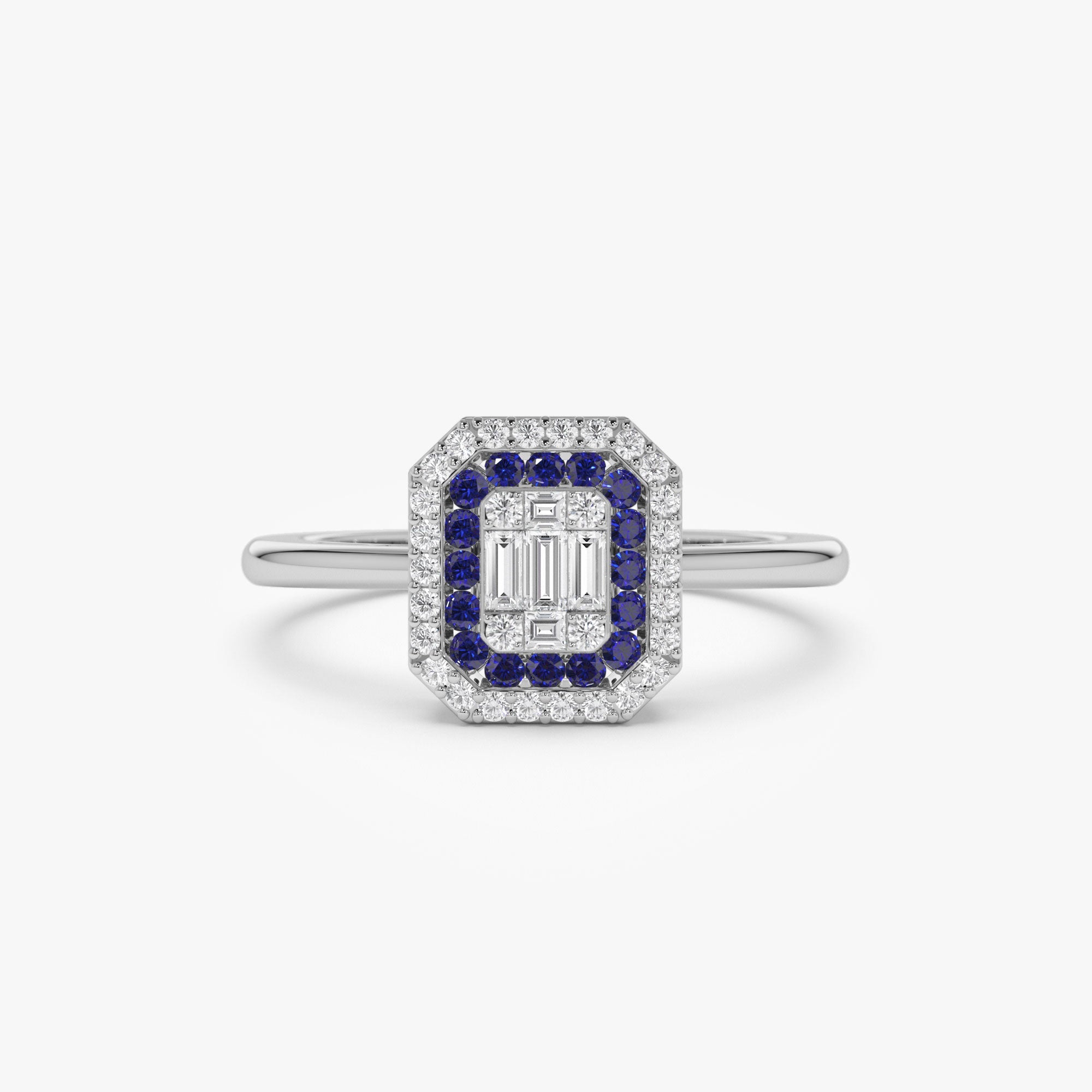 OBFJ1099 - 14k Baguette and Round Sapphire Ring with Halo Setting 7