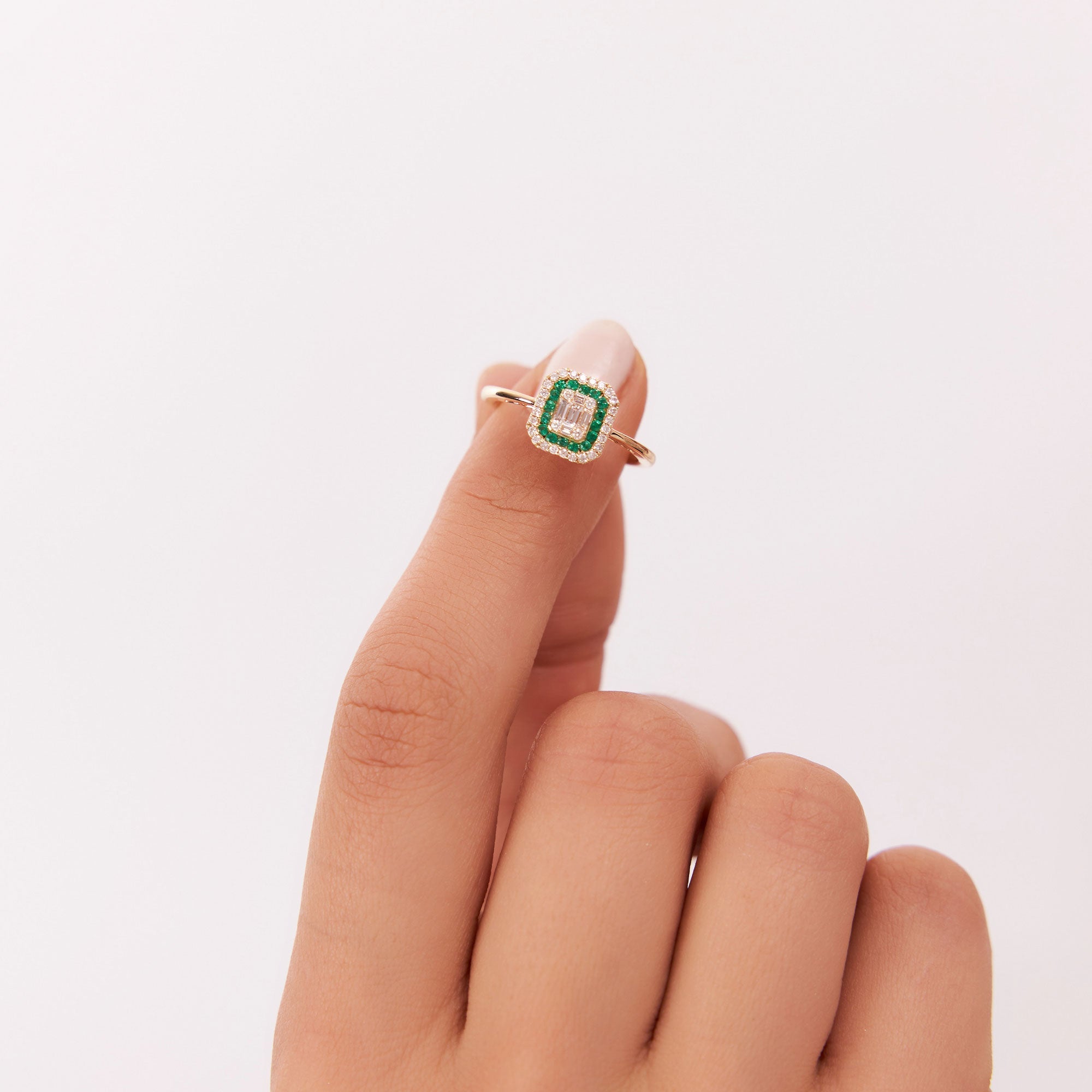 OBFJ1101 - 14k Baguette and Round Emerald Ring with Halo Setting 5