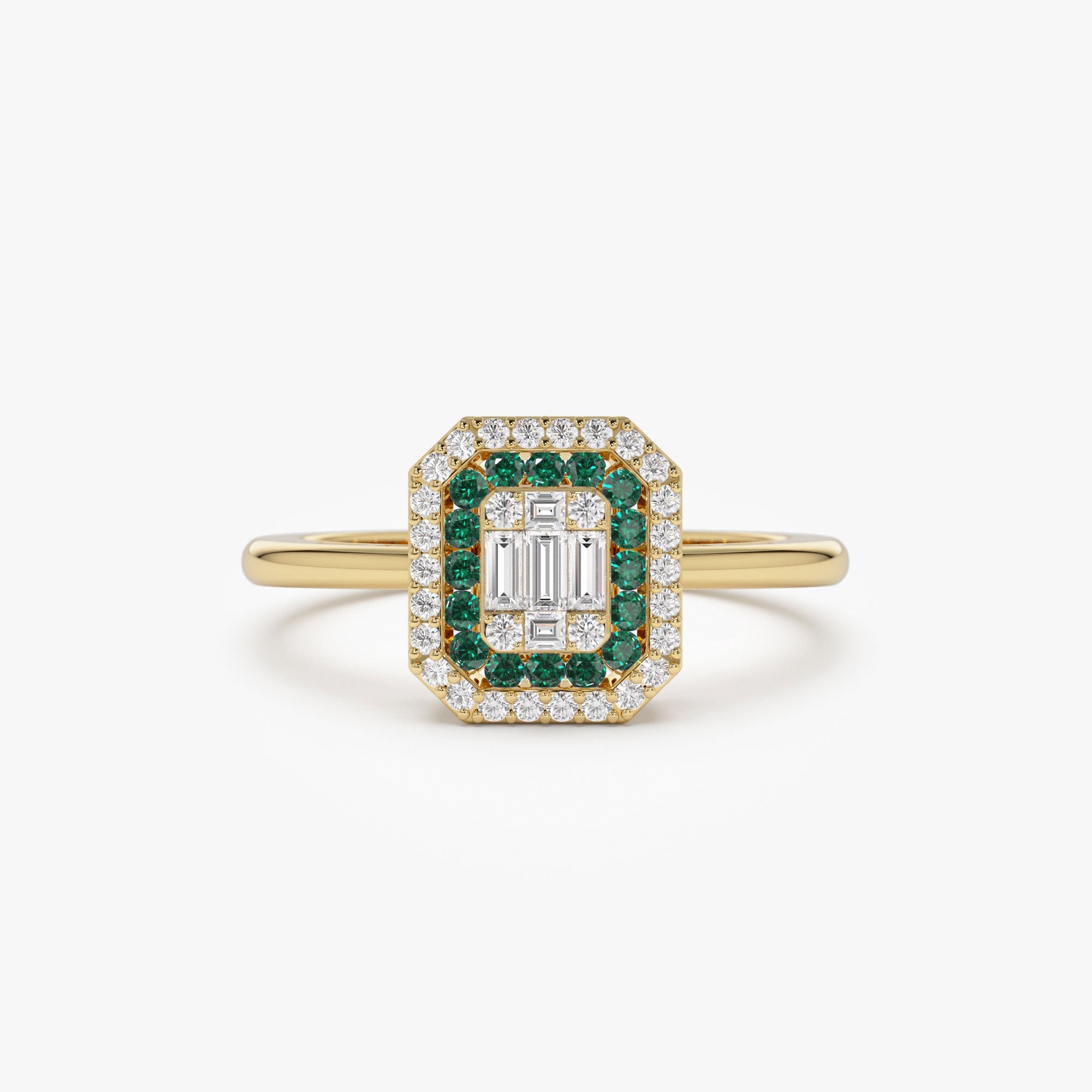 OBFJ1101 - 14k Baguette and Round Emerald Ring with Halo Setting 1