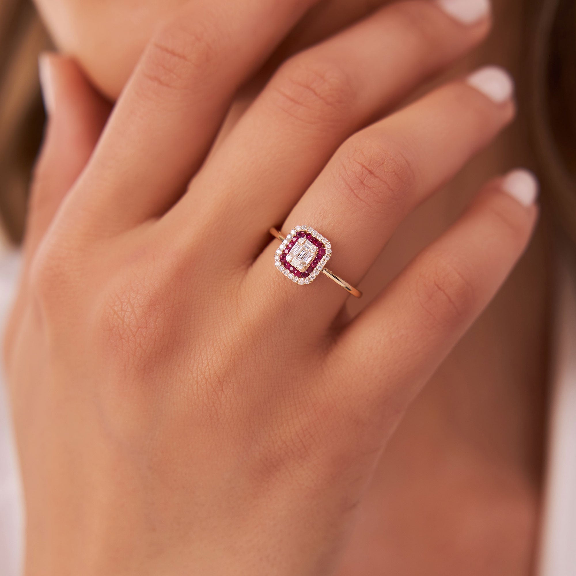 OBFJ1100 - 14k Baguette and Round Ruby Ring with Halo Setting 2