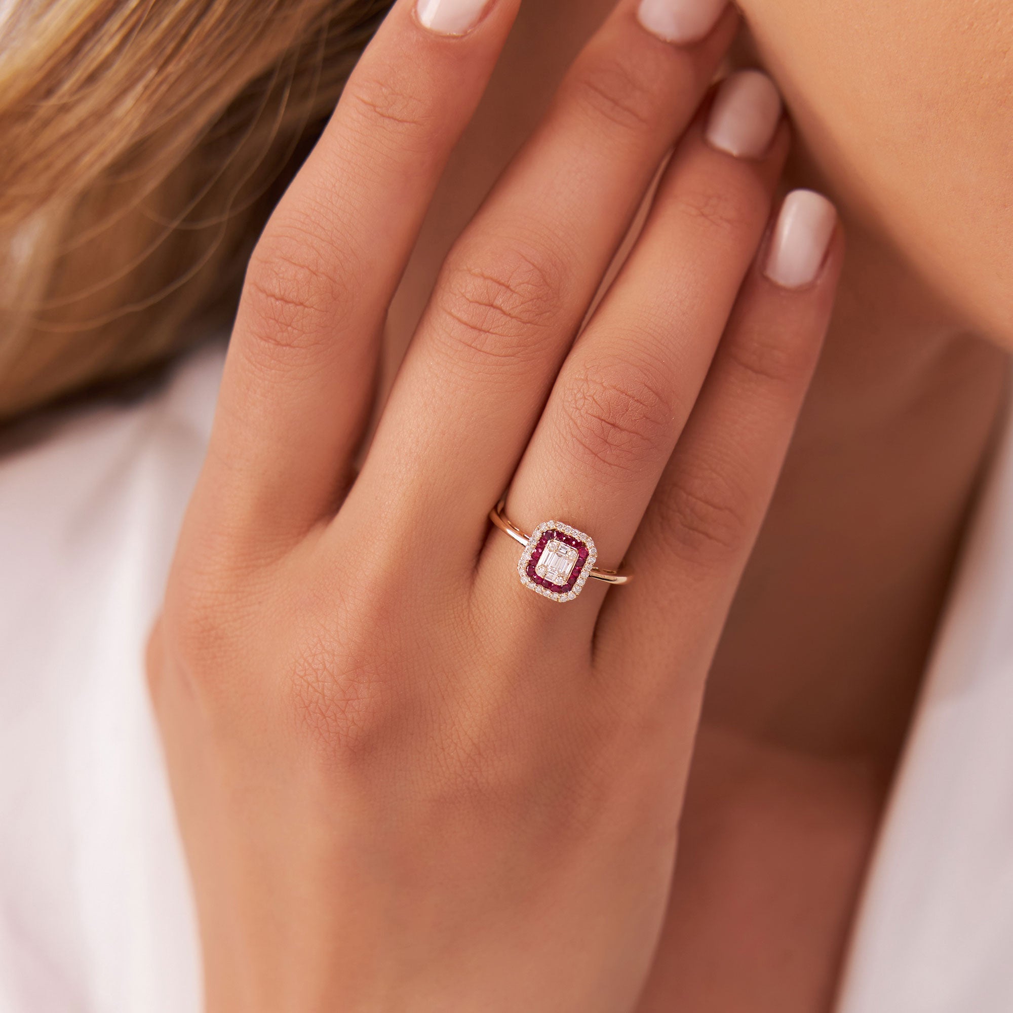 OBFJ1100 - 14k Baguette and Round Ruby Ring with Halo Setting 4