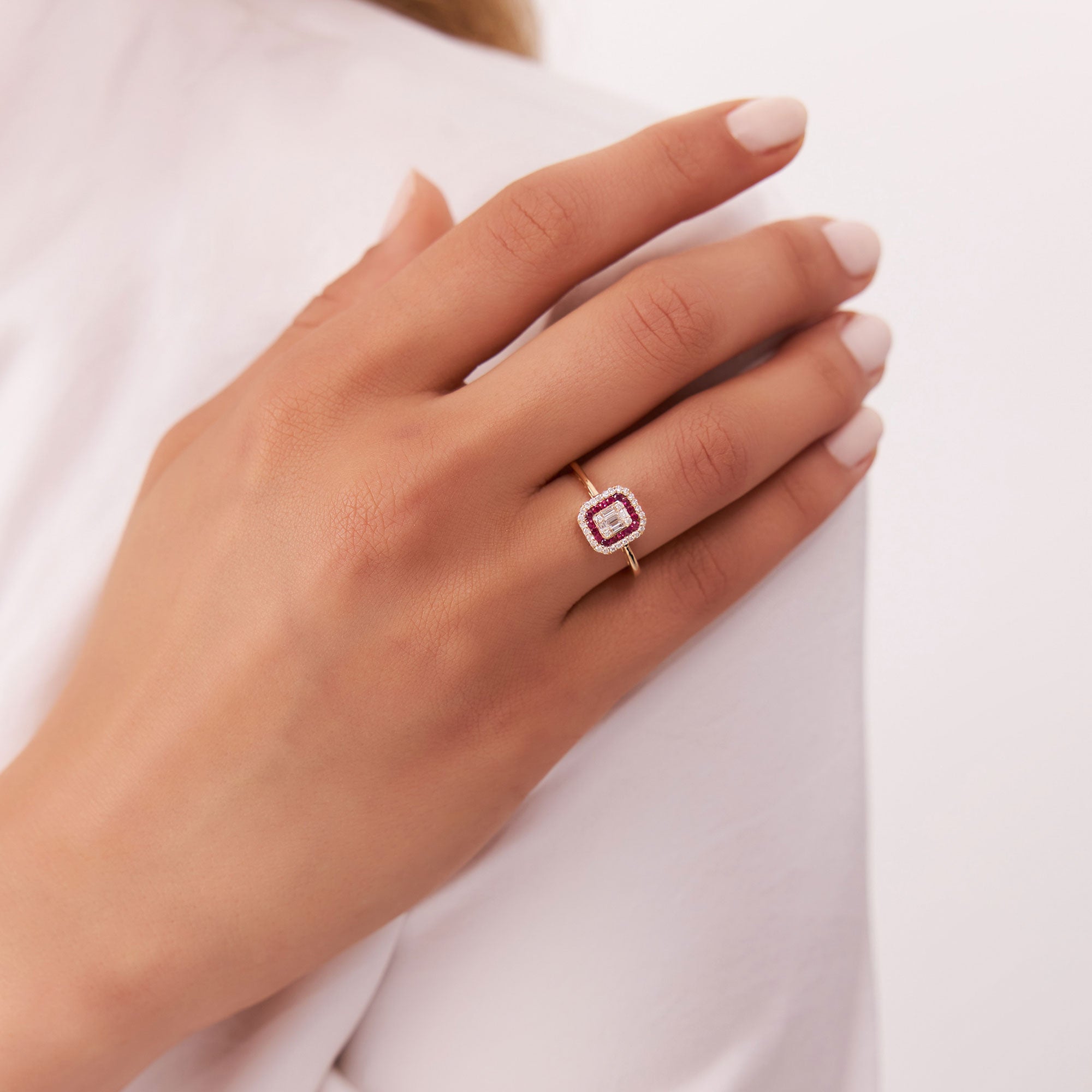 OBFJ1100 - 14k Baguette and Round Ruby Ring with Halo Setting 5