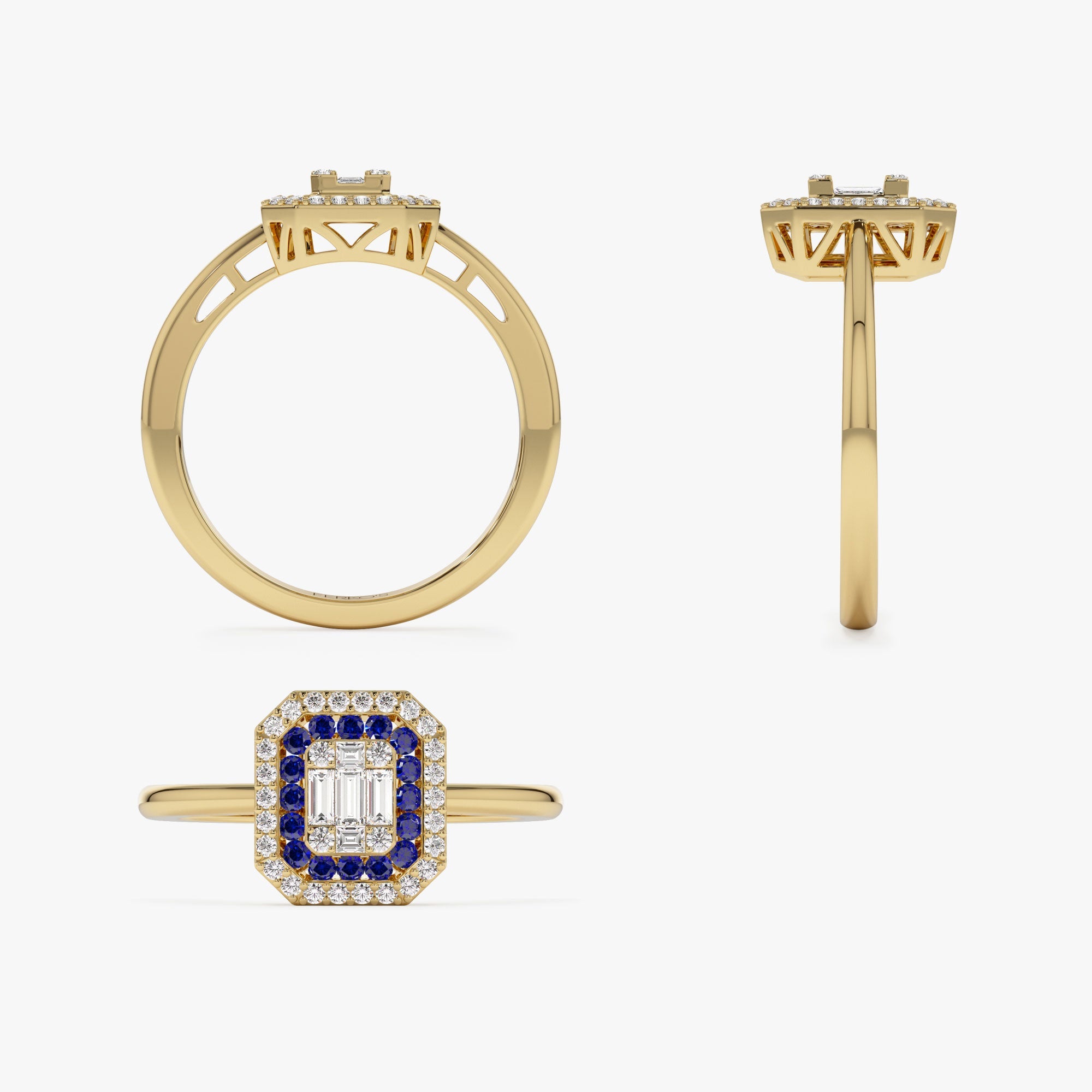 OBFJ1099 - 14k Baguette and Round Sapphire Ring with Halo Setting 9