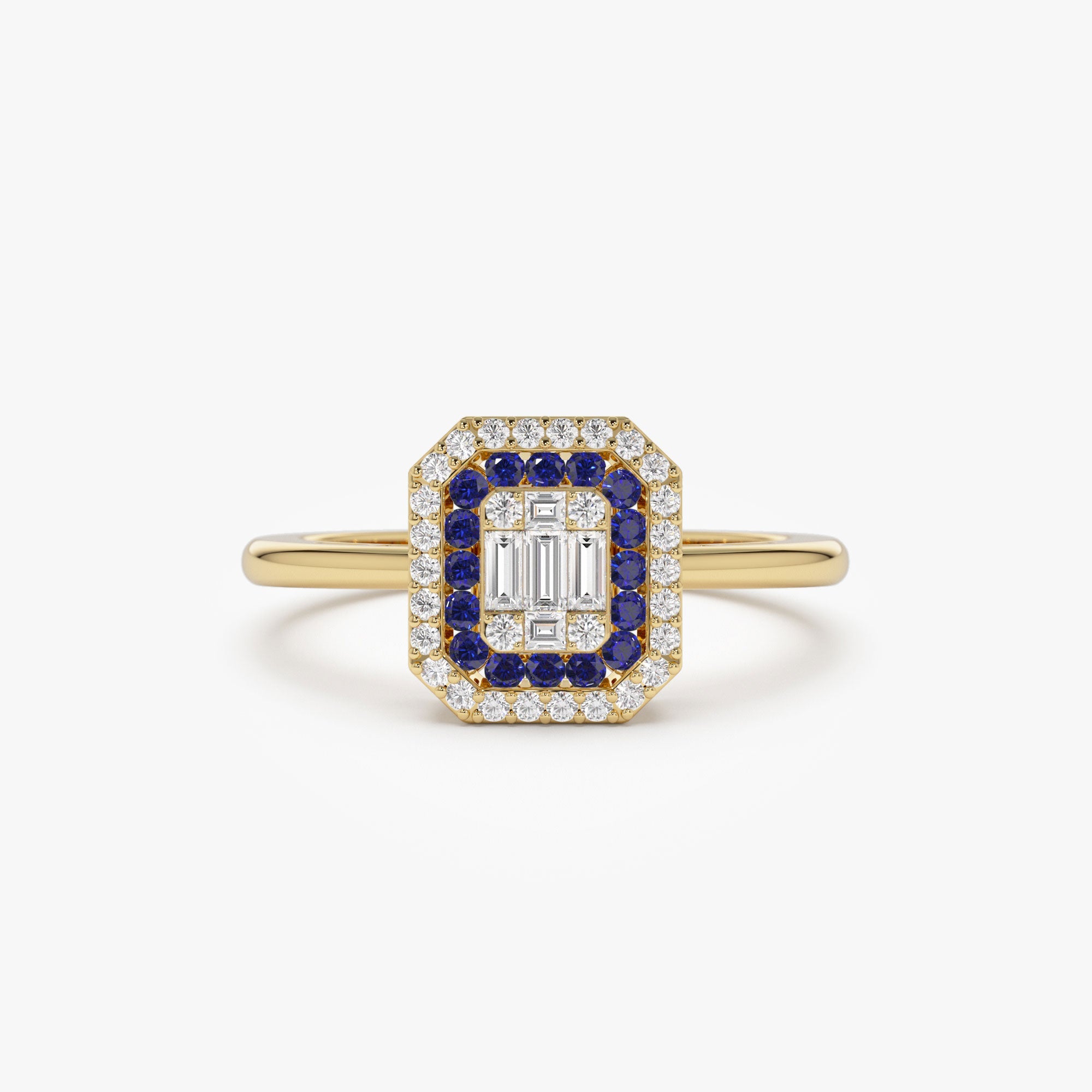 OBFJ1099 - 14k Baguette and Round Sapphire Ring with Halo Setting 1
