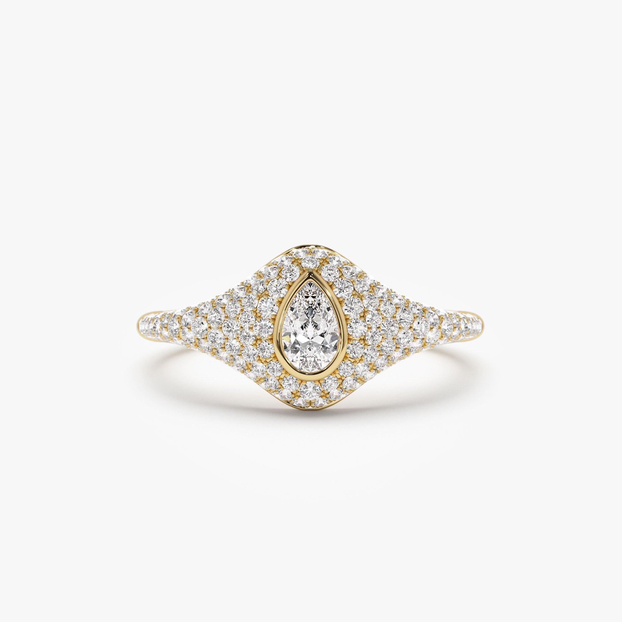 OBFJ1186 - 14K Pave Setting Pear Shaped Diamond Signet Ring 1