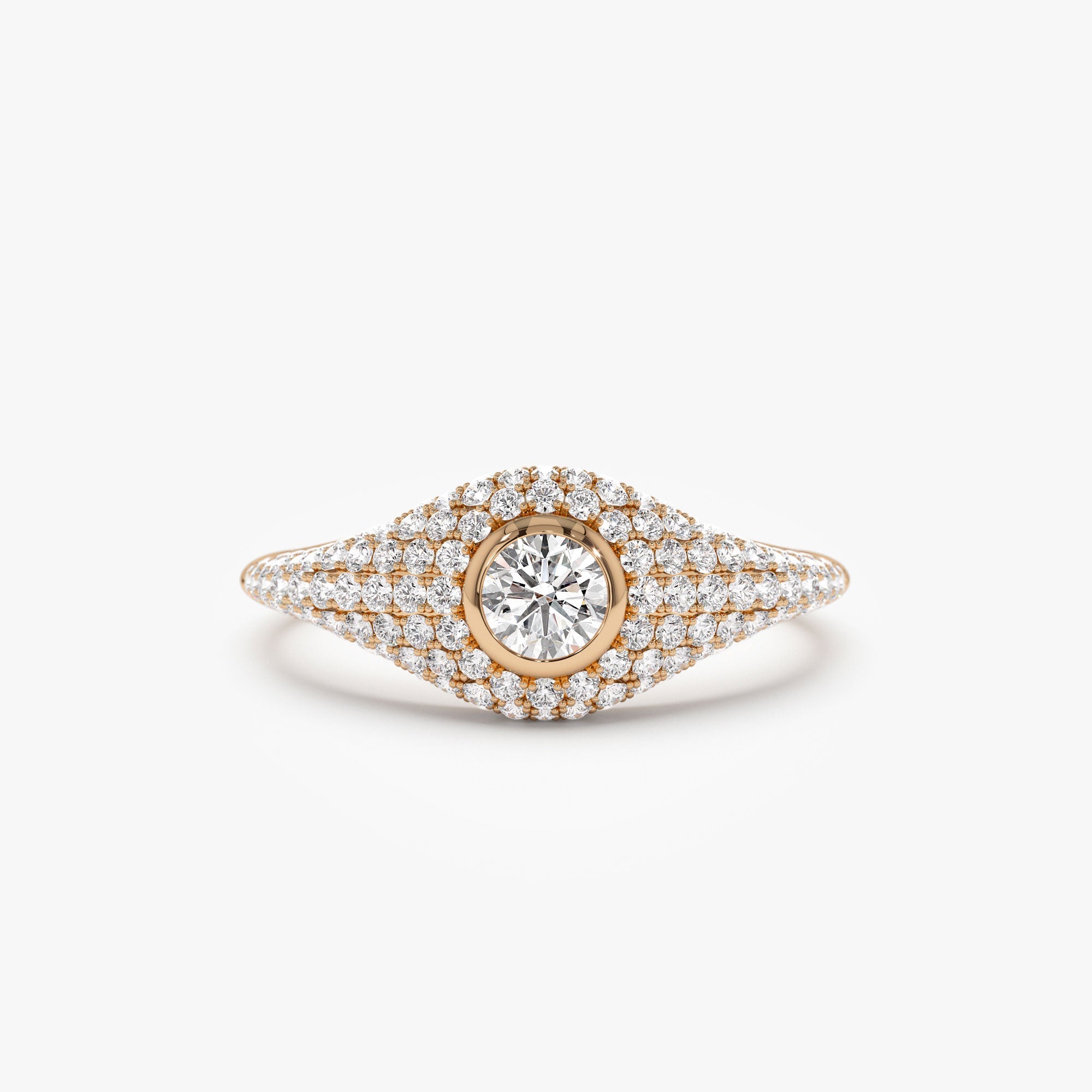 OBFJ1185 - 14K Pave Setting Round Diamond Signet Ring 6