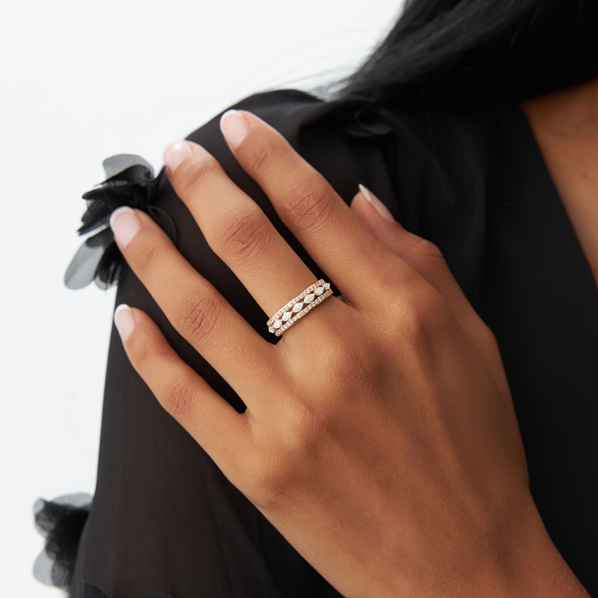 OBFJ1218 - 14K Multi-Band Marquise and Round Diamond Ring 4