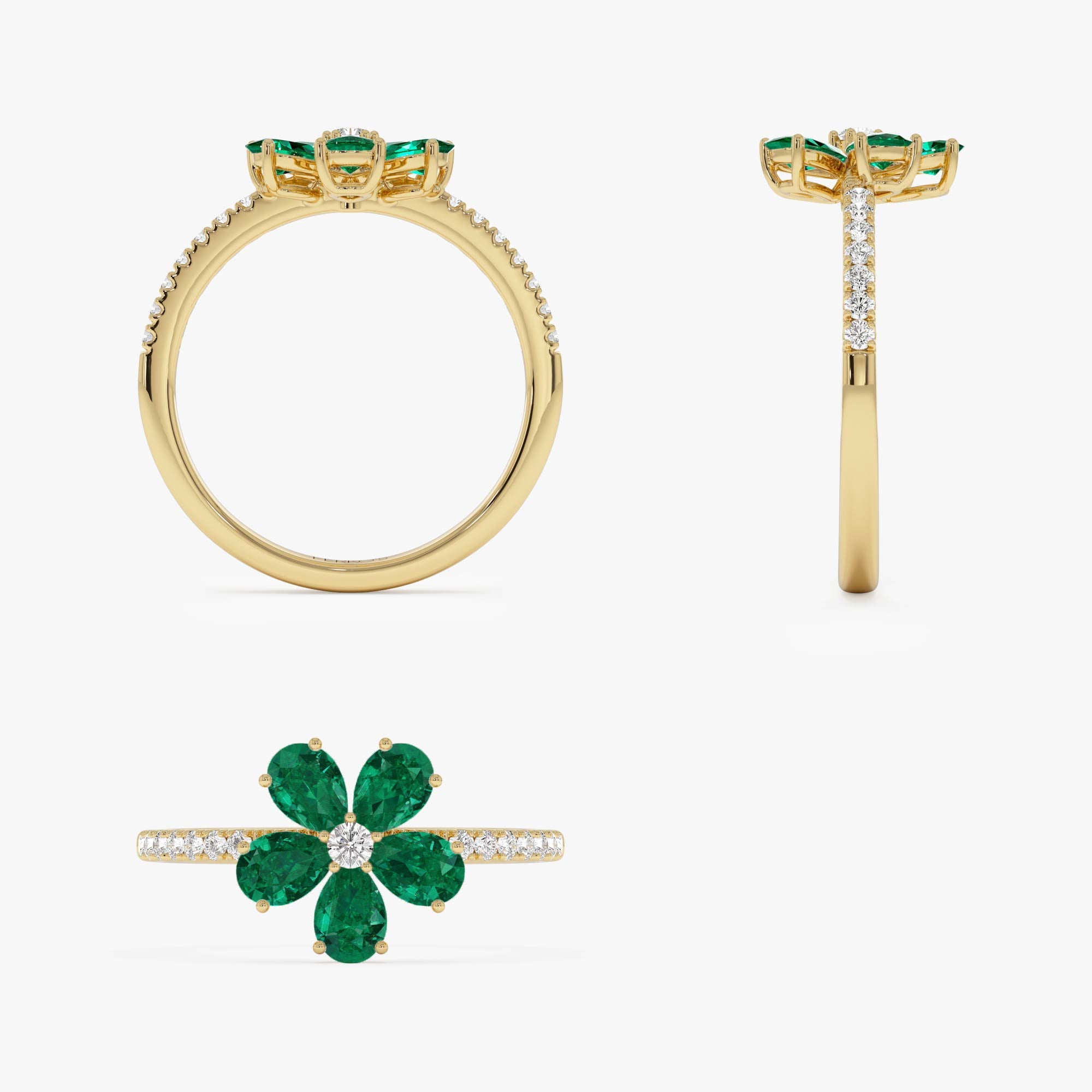 OBFJ0886 - 14K Five-Leaf Emerald and Diamond Ring 8