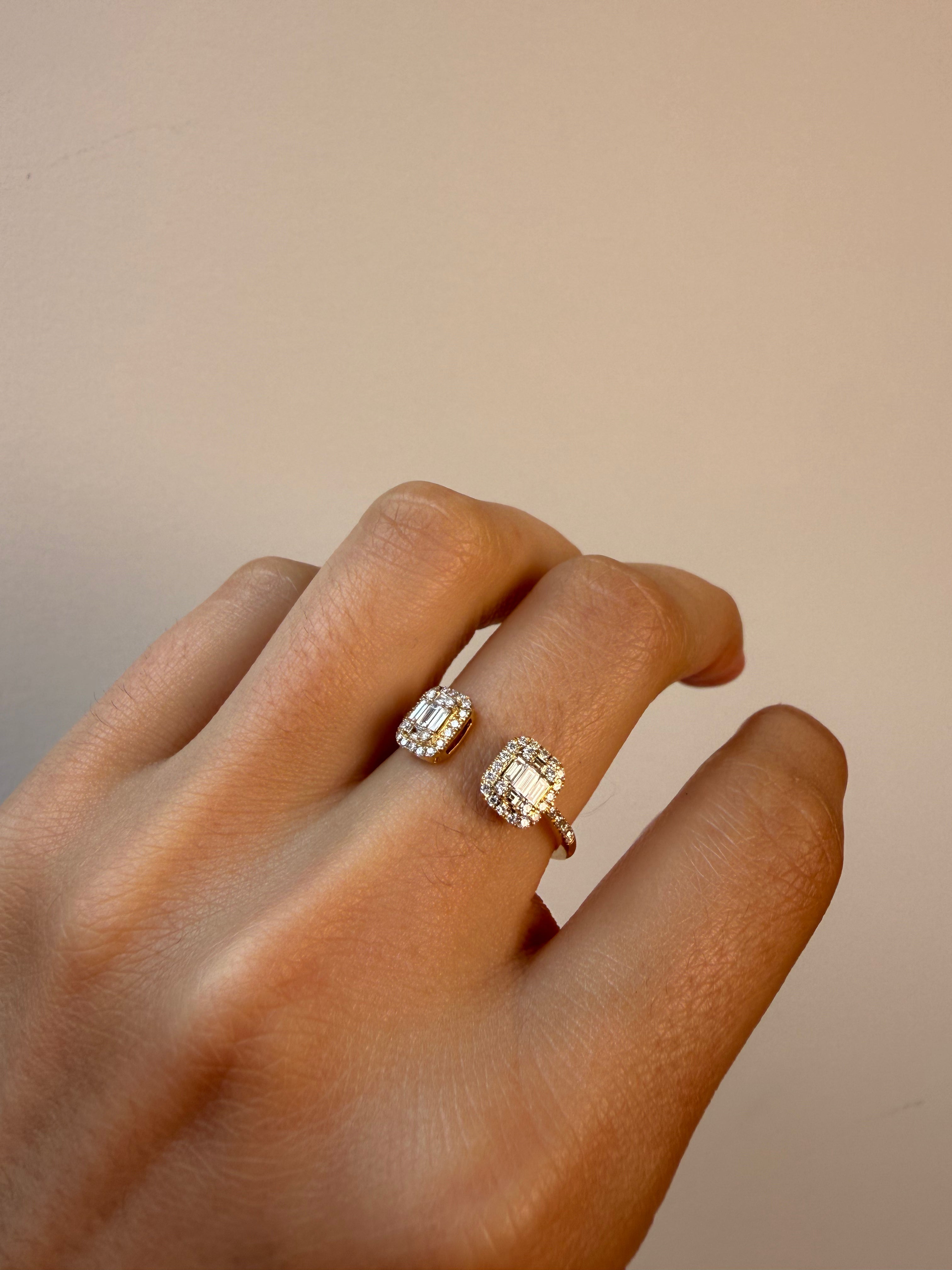 OBFJ0064 - 14k Gold Double baguette Halo Cluster Open Cuff Ring 2