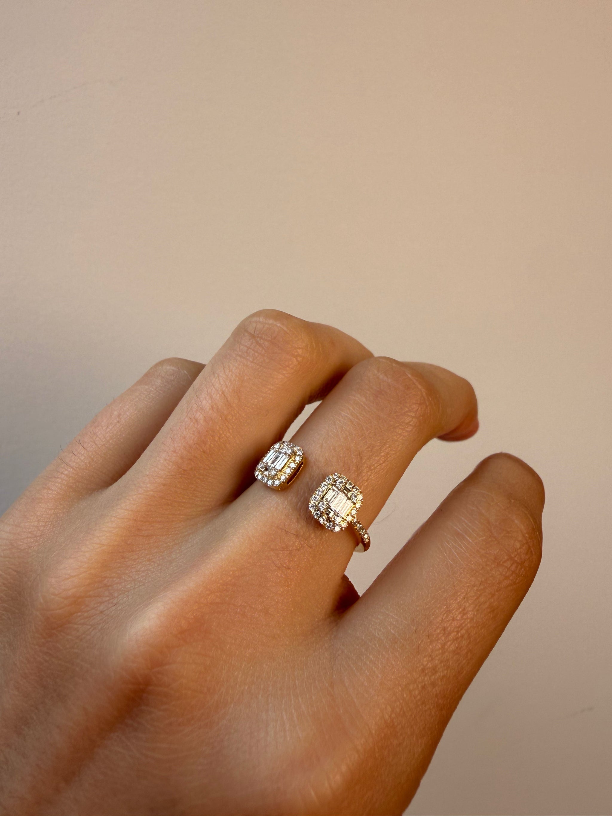 OBFJ0064 - 14k Gold Double baguette Halo Cluster Open Cuff Ring 2