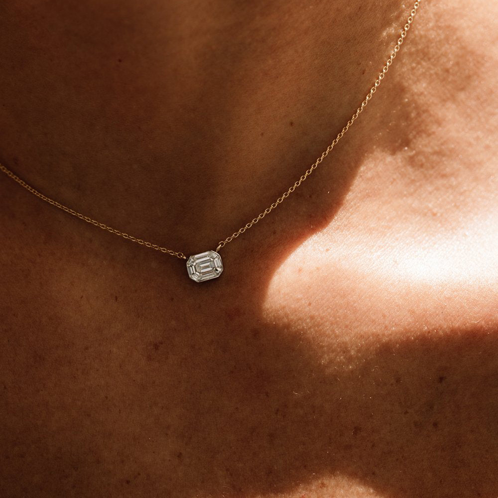 OBFJ1973 - Illusion Setting Step Cut Mosaic Diamond Necklace necklace in selectable metal and diamond options - Roselle Jewelry view 2