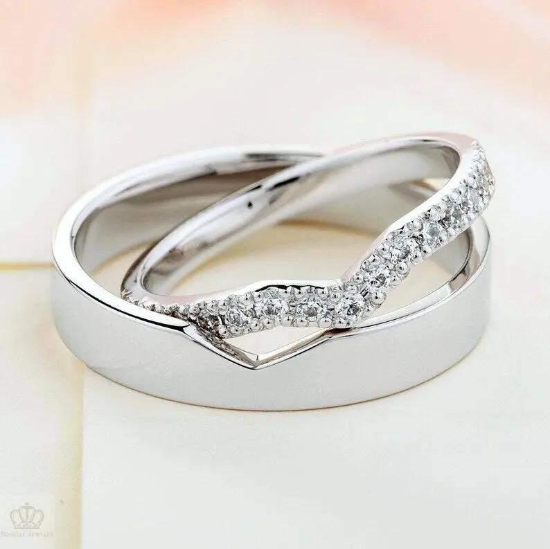 V Shape Couple Diamond Wedding Ring Set - WM30 CHARLISA™