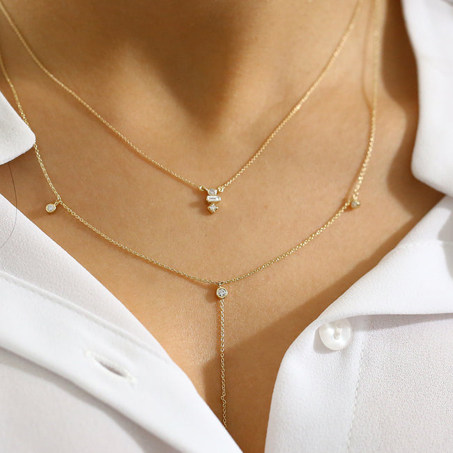OBFJ1572 - 14K Gold Baguette and Round Cut Diamond Necklace 3