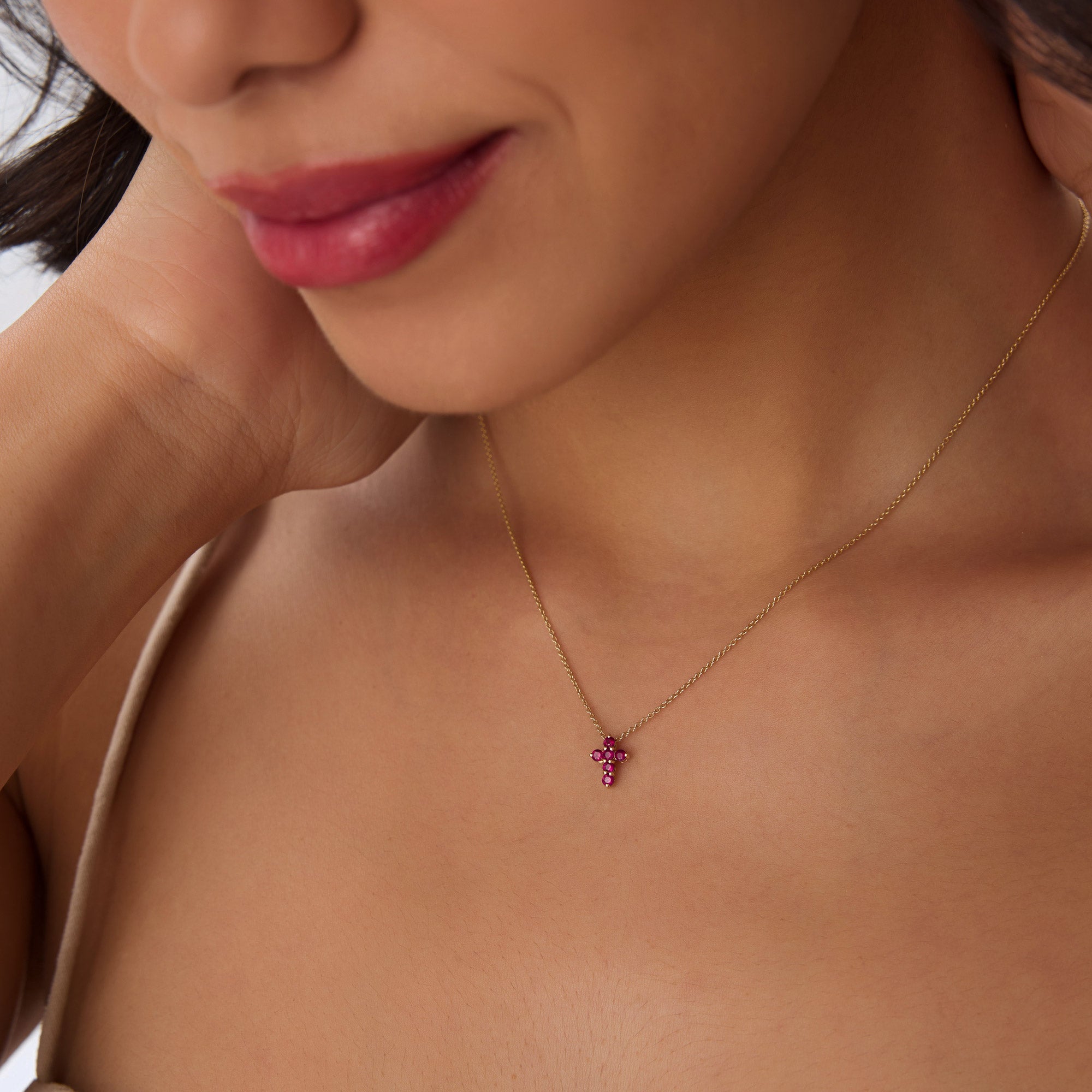 OBFJ0983 - 14K Tiny Ruby Cross Necklace 3