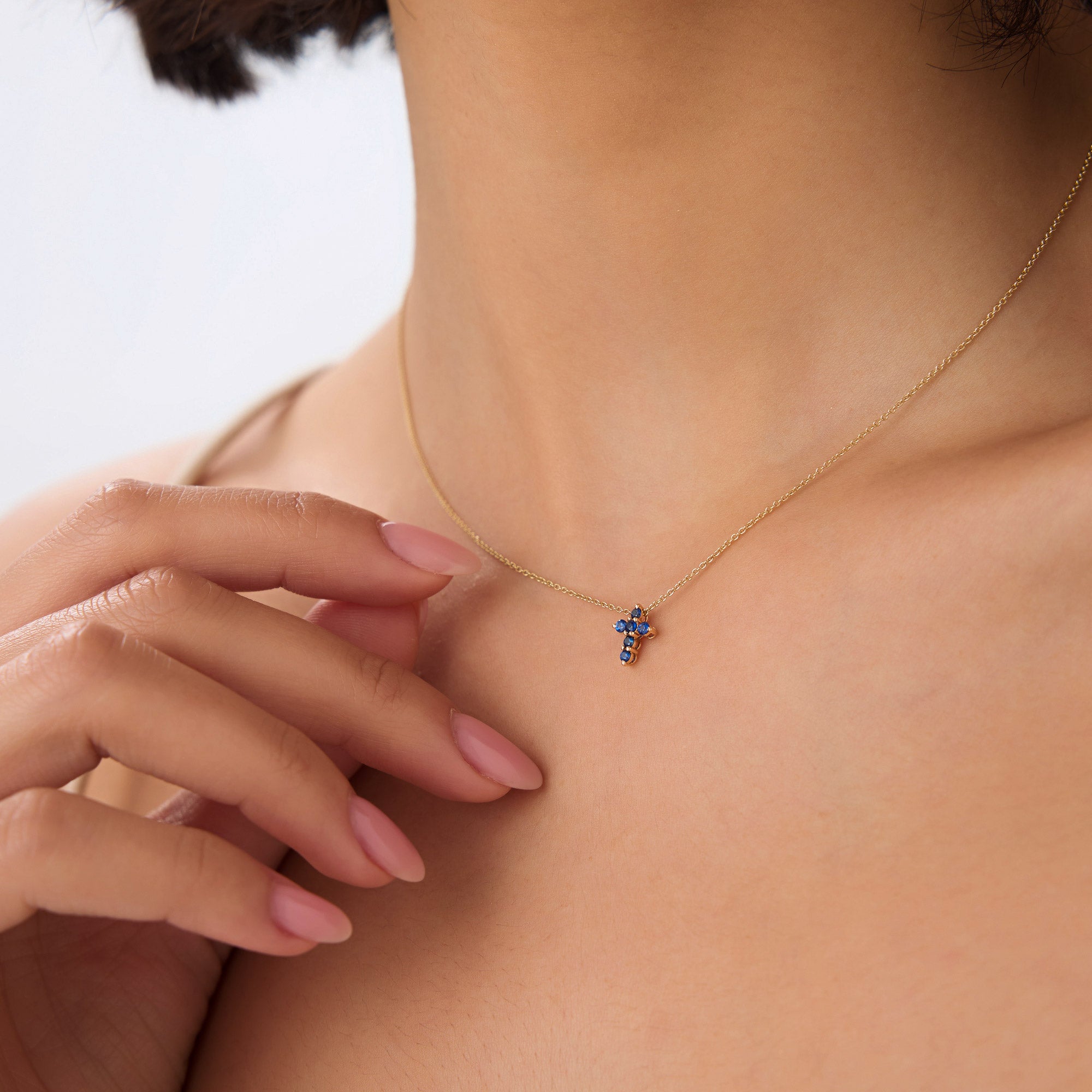 OBFJ0982 - 14K Tiny Sapphire Cross Necklace 4