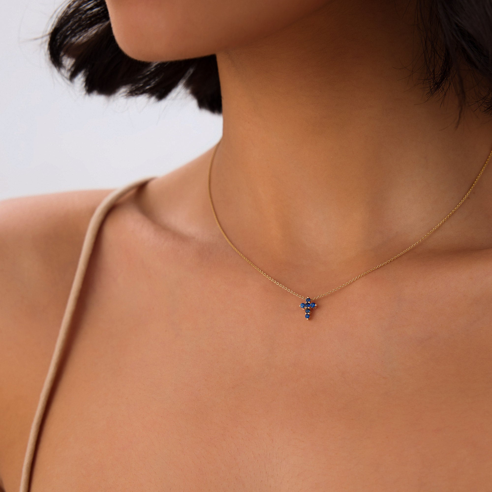 OBFJ0982 - 14K Tiny Sapphire Cross Necklace 3