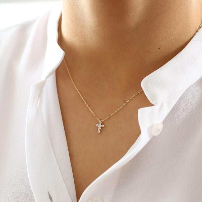 OBFJ1563 - 14K Gold Tiny Diamond Cross Necklace 2