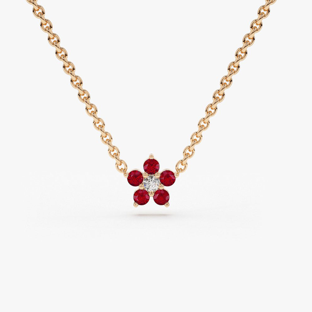 OBFJ1849 - Ruby and Diamond Flower Charm Necklace necklace in selectable metal and diamond options - Roselle Jewelry view 5