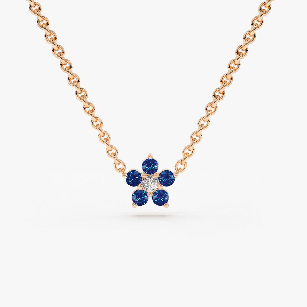 OBFJ1863 - Sapphire and Diamond Flower Charm Necklace necklace in selectable metal and diamond options - Roselle Jewelry view 4