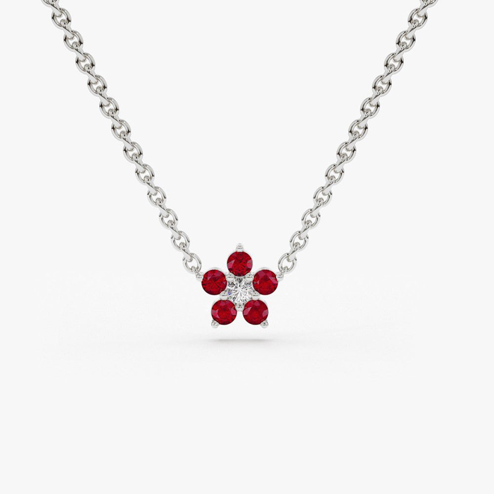 OBFJ1849 - Ruby and Diamond Flower Charm Necklace necklace in selectable metal and diamond options - Roselle Jewelry view 6