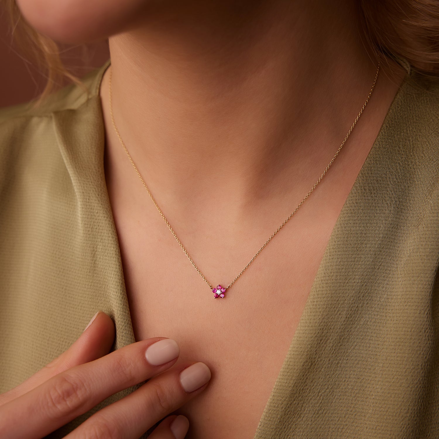 OBFJ1849 - Ruby and Diamond Flower Charm Necklace necklace in selectable metal and diamond options - Roselle Jewelry view 4