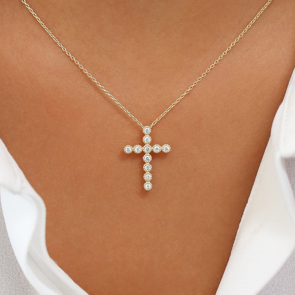 OBFJ1733 - 14K Gold Bezel Setting With Milgrain Diamond Cross Necklace 2