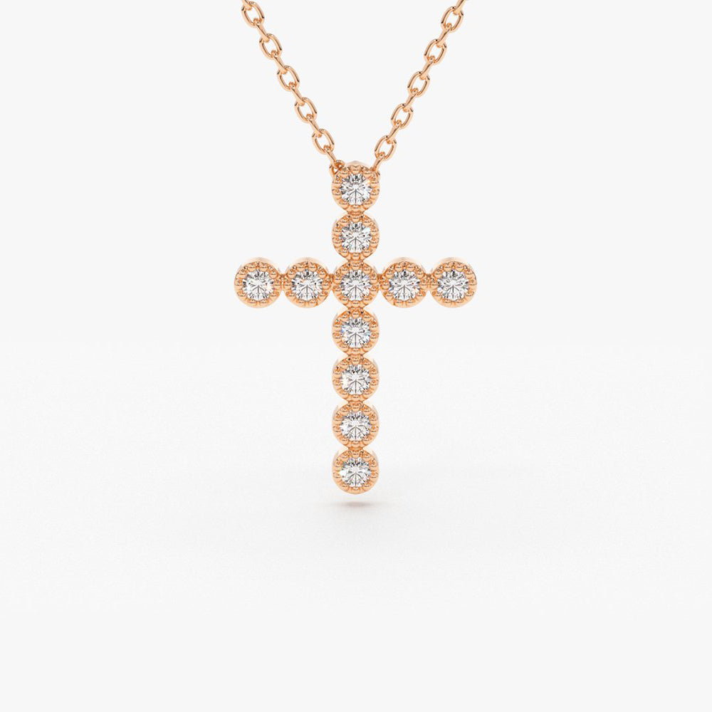 OBFJ1733 - 14K Gold Bezel Setting With Milgrain Diamond Cross Necklace 4