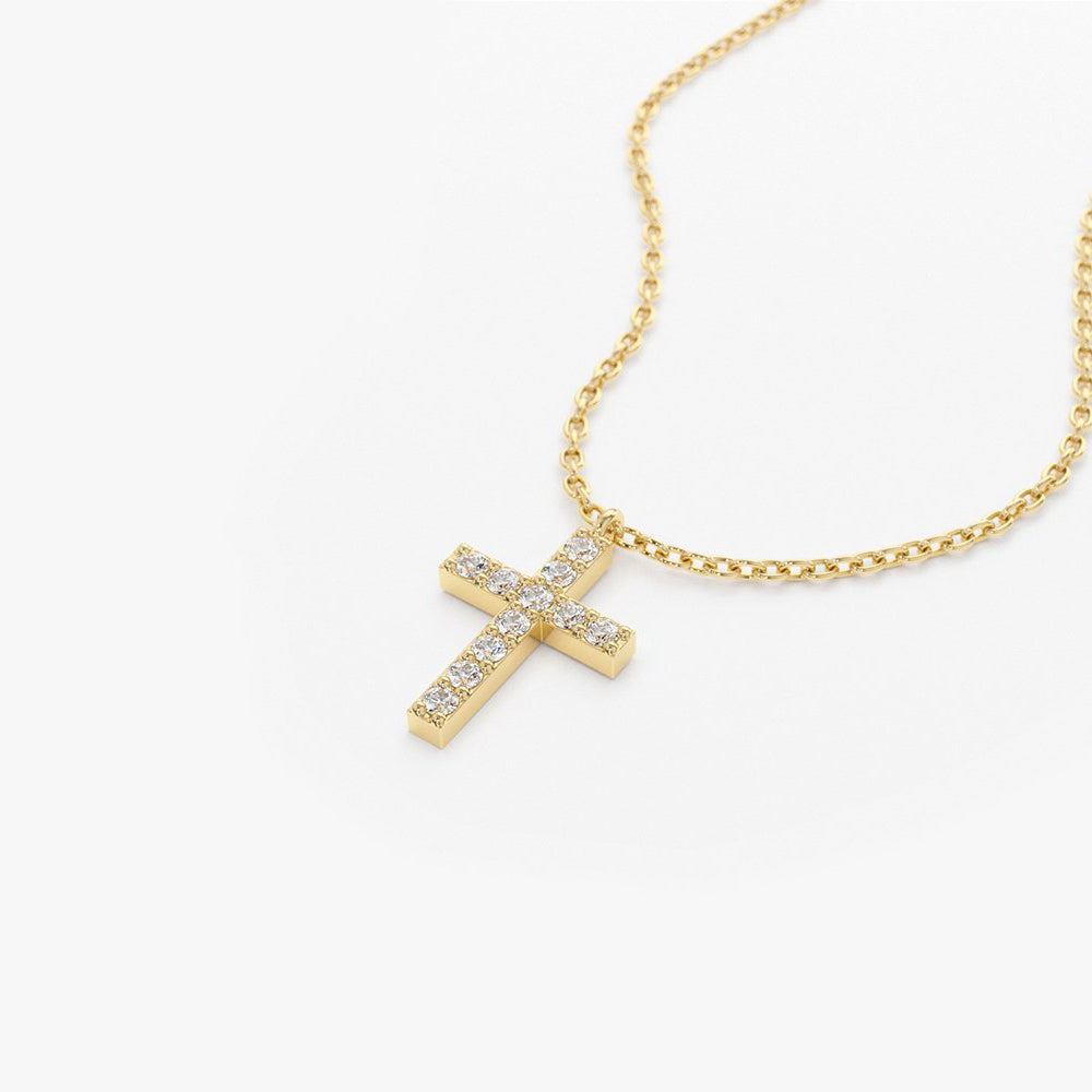 OBFJ1737 - 14K Gold Micro Pave Diamond Cross Necklace 7