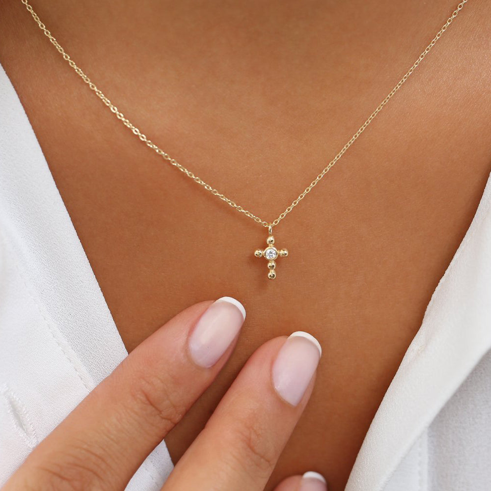 OBFJ1735 - 14K Gold Tiny Ball Diamond Cross Necklace 4