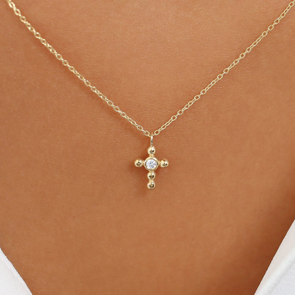OBFJ1735 - 14K Gold Tiny Ball Diamond Cross Necklace 2