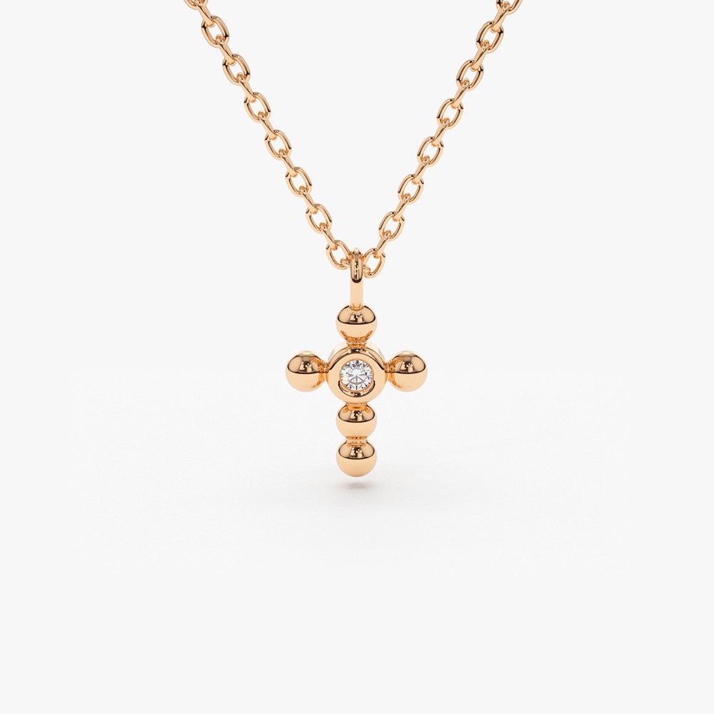 OBFJ1735 - 14K Gold Tiny Ball Diamond Cross Necklace 5