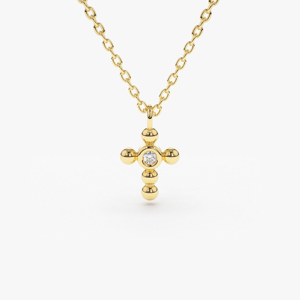 OBFJ1735 - 14K Gold Tiny Ball Diamond Cross Necklace 1