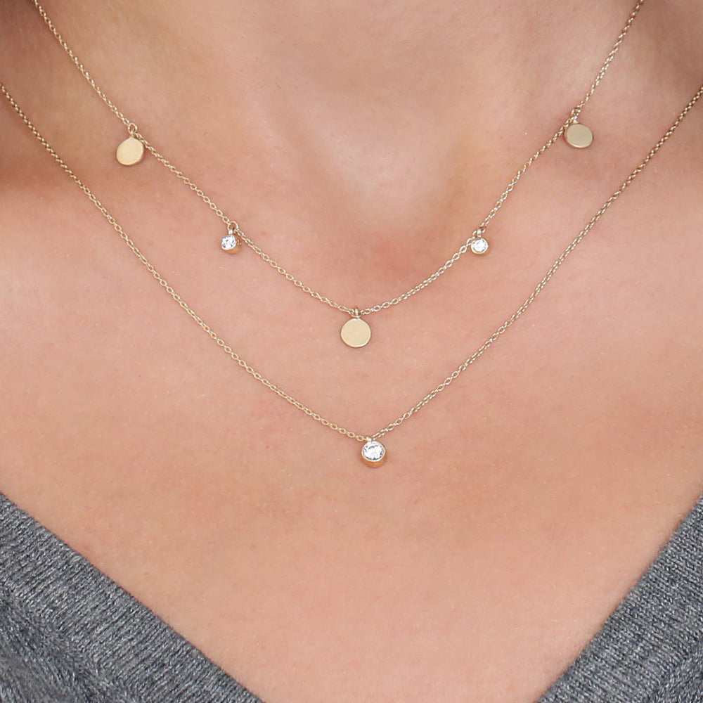 OBFJ1797 - Dangling Diamond Disc Necklace necklace in selectable metal and diamond options - Roselle Jewelry view 2
