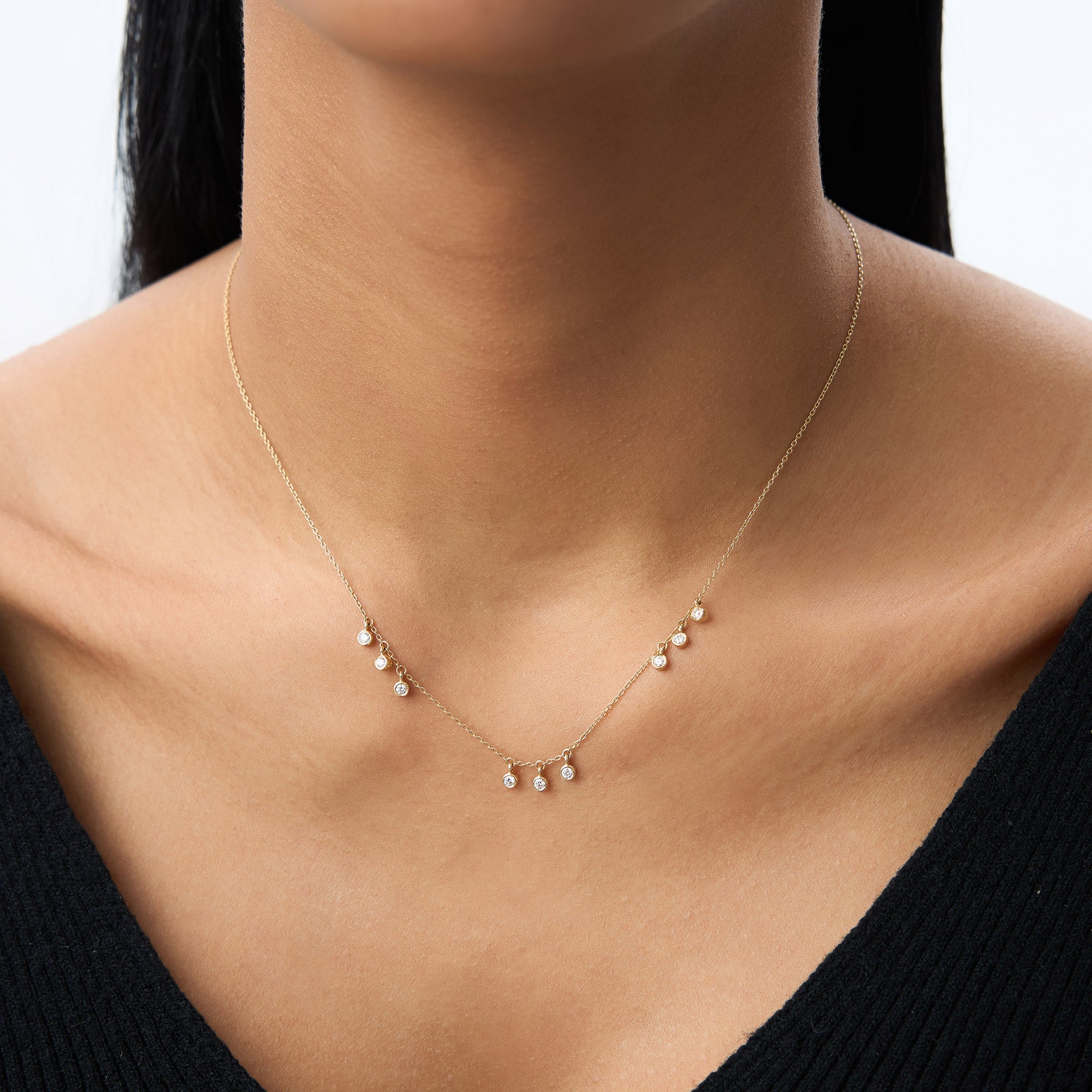OBFJ1759 - 9 Diamond Dangle Necklace necklace in selectable metal and diamond options - Roselle Jewelry view 3