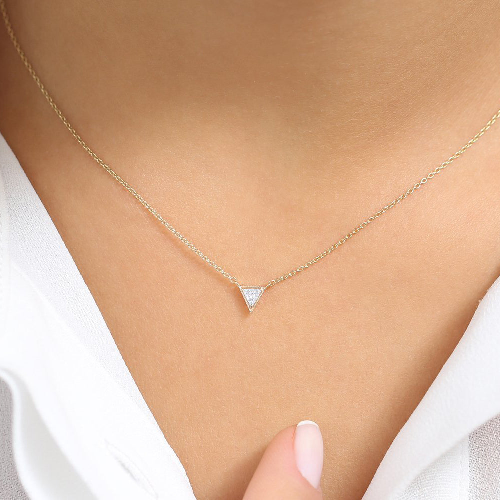 OBFJ1882 - Triangle Cut Diamond Solitaire Necklace necklace in selectable metal and diamond options - Roselle Jewelry view 4