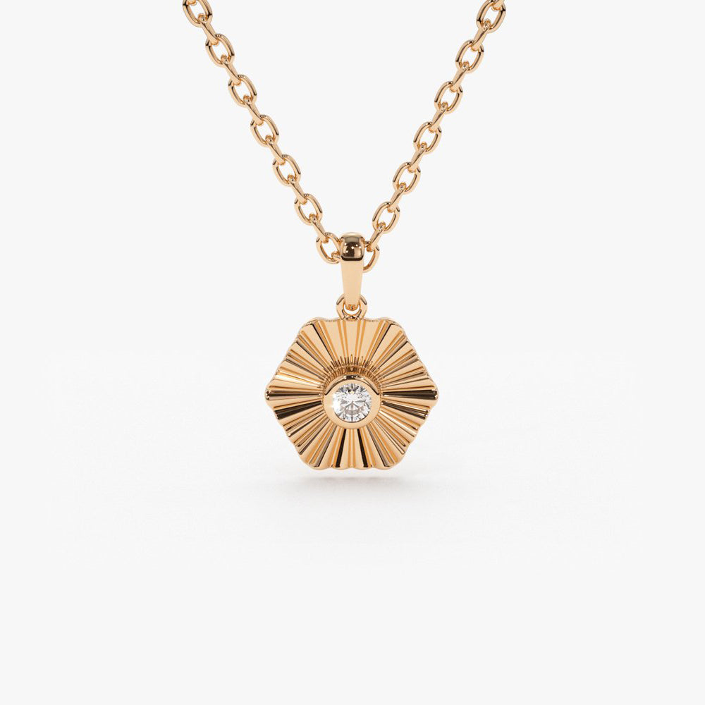 OBFJ0216 - 14K Rose Gold Hexagon Diamond Disc Ray Necklace 1