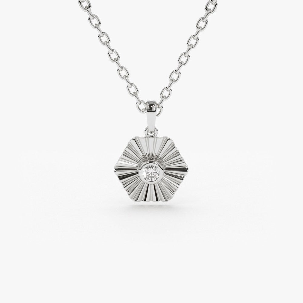 OBFJ1835 - Hexagon Diamond Disc Ray Necklace necklace in selectable metal and diamond options - Roselle Jewelry view 5