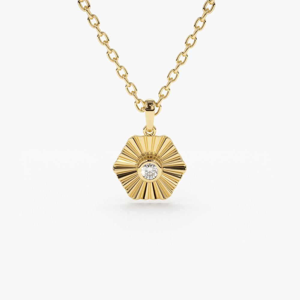 OBFJ1835 - Hexagon Diamond Disc Ray Necklace necklace in selectable metal and diamond options - Roselle Jewelry view 1
