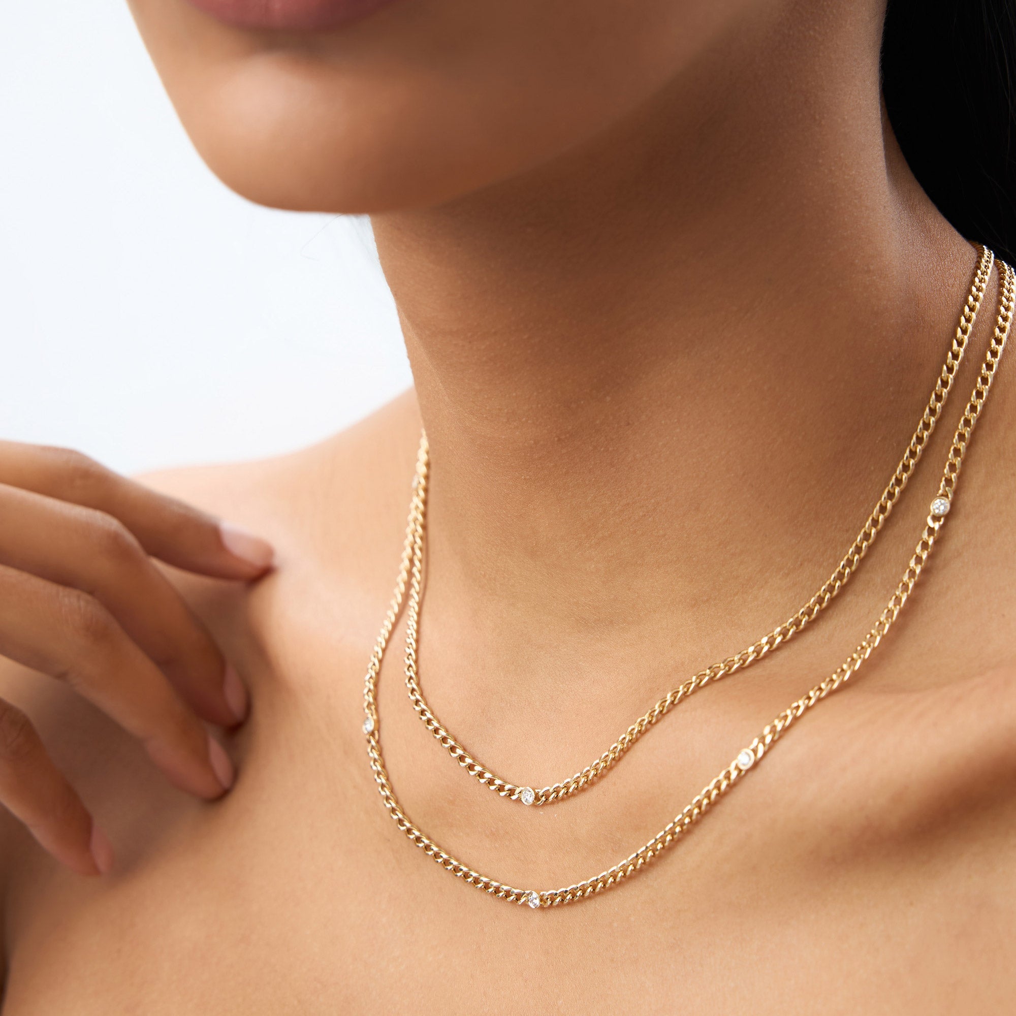 OBFJ2010 - Cuban Link Necklace w/ Bezel Setting Diamond necklace in selectable metal and diamond options - Roselle Jewelry view 4