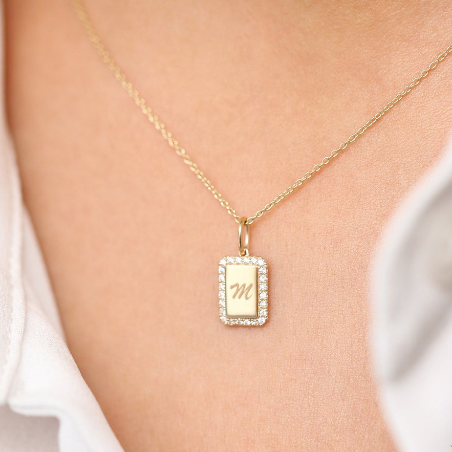 OBFJ1994 - 14K Gold Diamond Tag Initial Necklace 2
