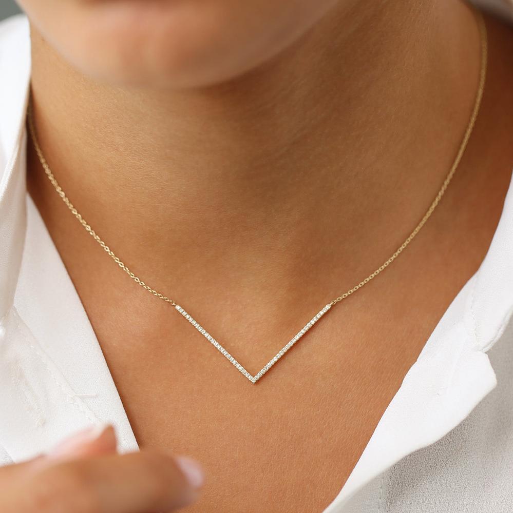 OBFJ1965 - V Shaped Diamond Chevron Necklace necklace in selectable metal and diamond options - Roselle Jewelry view 3
