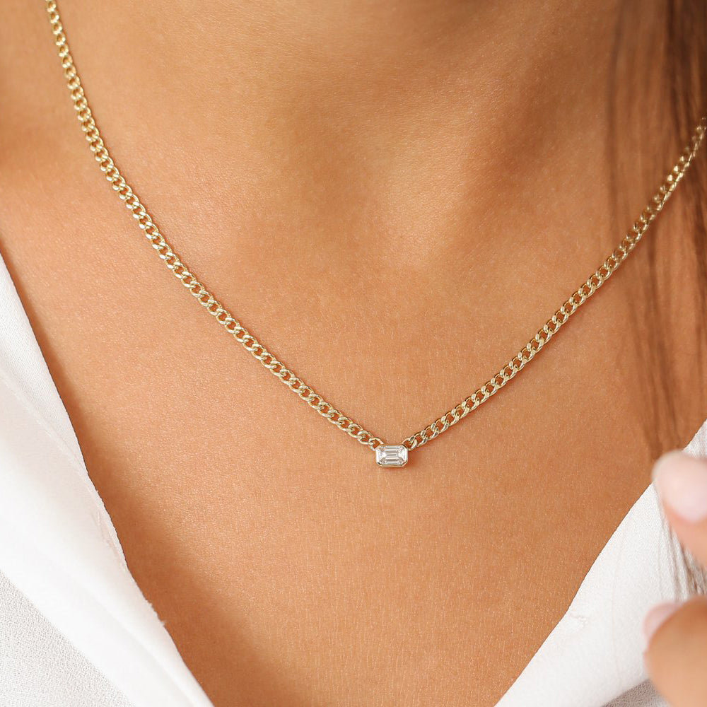 OBFJ1963 - 14k Gold Cuban Link Bezel Setting Emerald Cut Diamond Necklace 4
