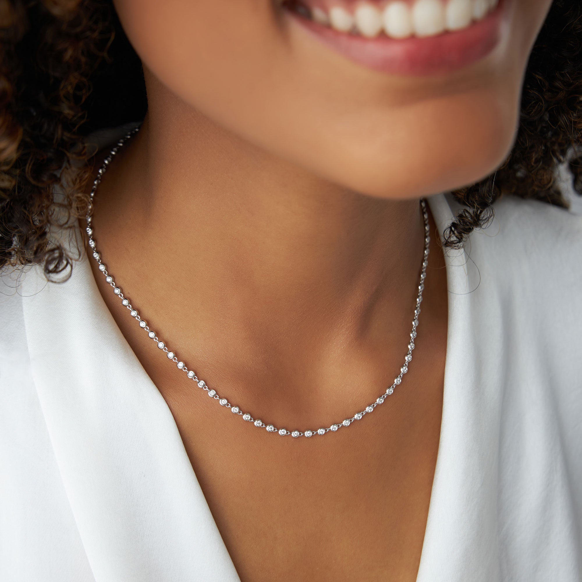 OBFJ2014 - Bezel Setting Diamond Tennis Necklace necklace in selectable metal and diamond options - Roselle Jewelry view 3
