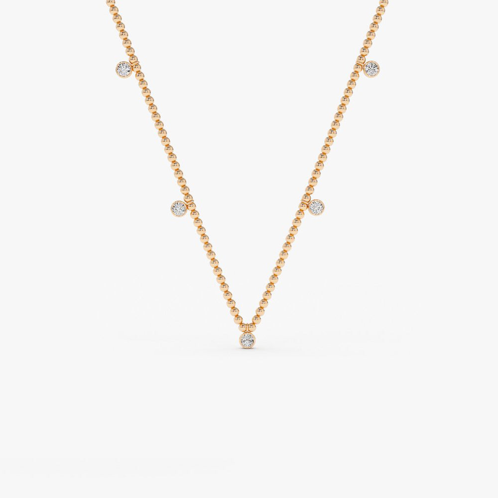 OBFJ2051 - 2MM Bead Necklace with Dangling Bezel Setting Diamonds necklace in selectable metal and diamond options - Roselle Jewelry view 4