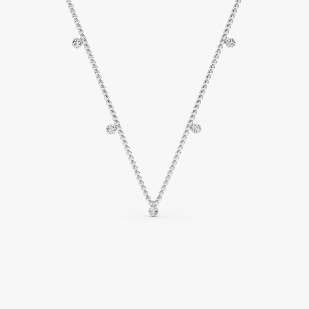 OBFJ2051 - 2MM Bead Necklace with Dangling Bezel Setting Diamonds necklace in selectable metal and diamond options - Roselle Jewelry view 5