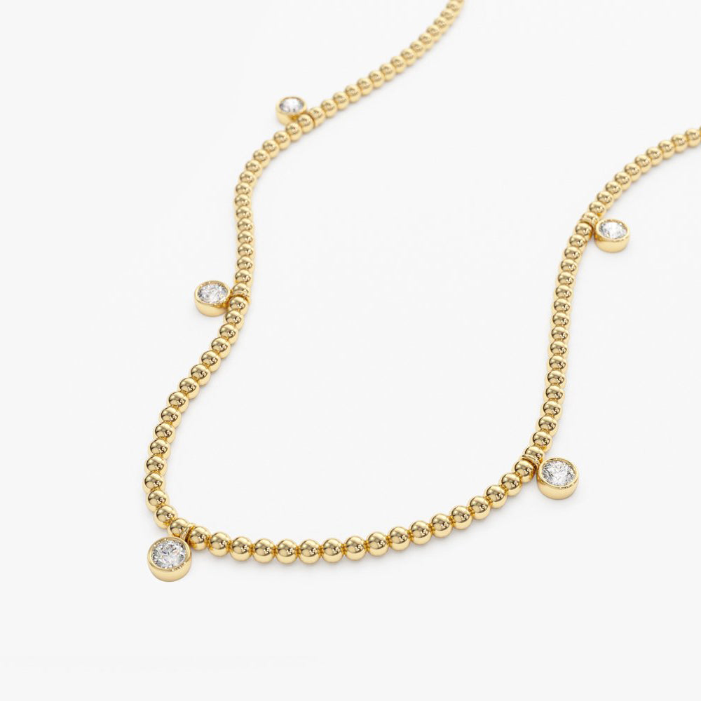 OBFJ2051 - 2MM Bead Necklace with Dangling Bezel Setting Diamonds necklace in selectable metal and diamond options - Roselle Jewelry view 6
