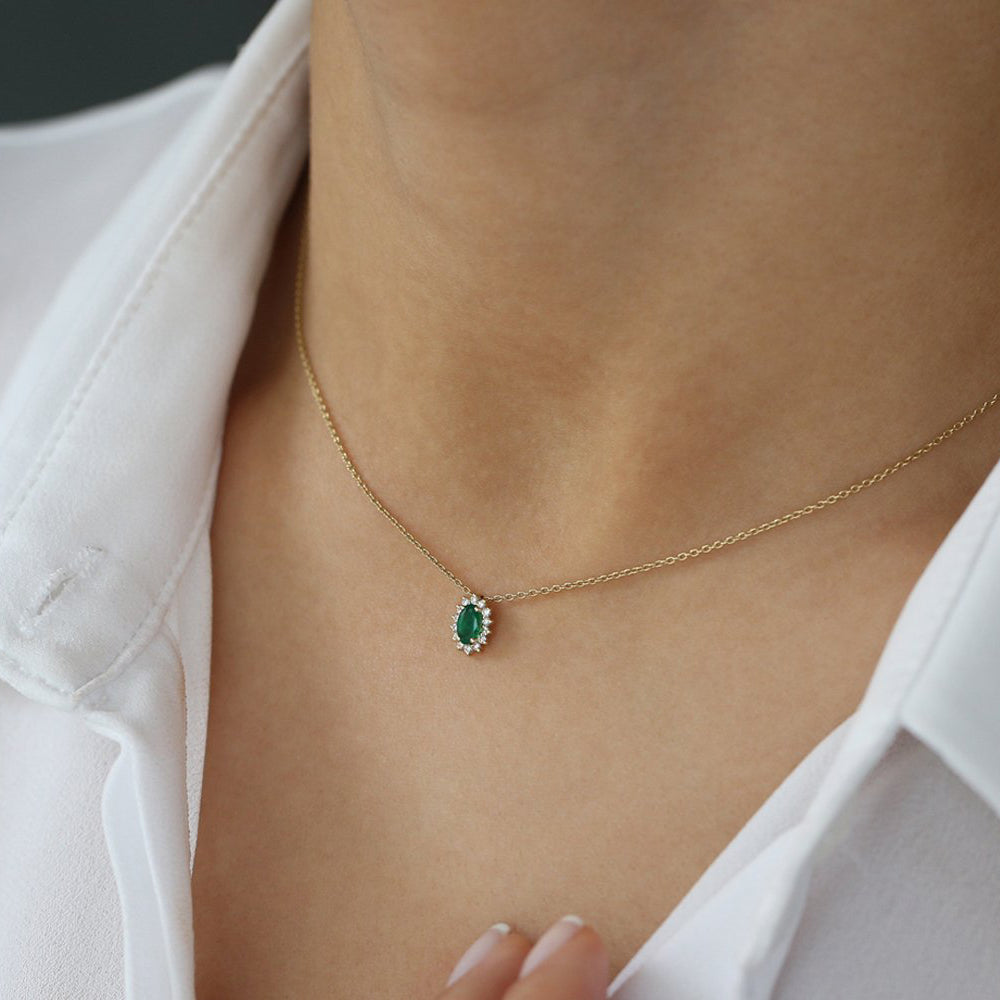 OBFJ2052 - Emerald Necklace with Halo Diamonds necklace in selectable metal and diamond options - Roselle Jewelry view 3